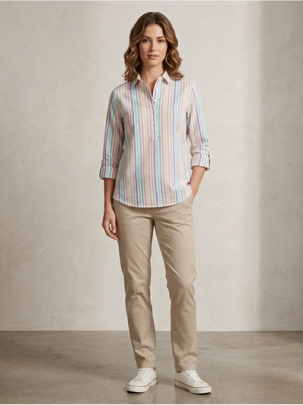Talbots Pastel Rainbow Stripe Cotton Popover Shirt L